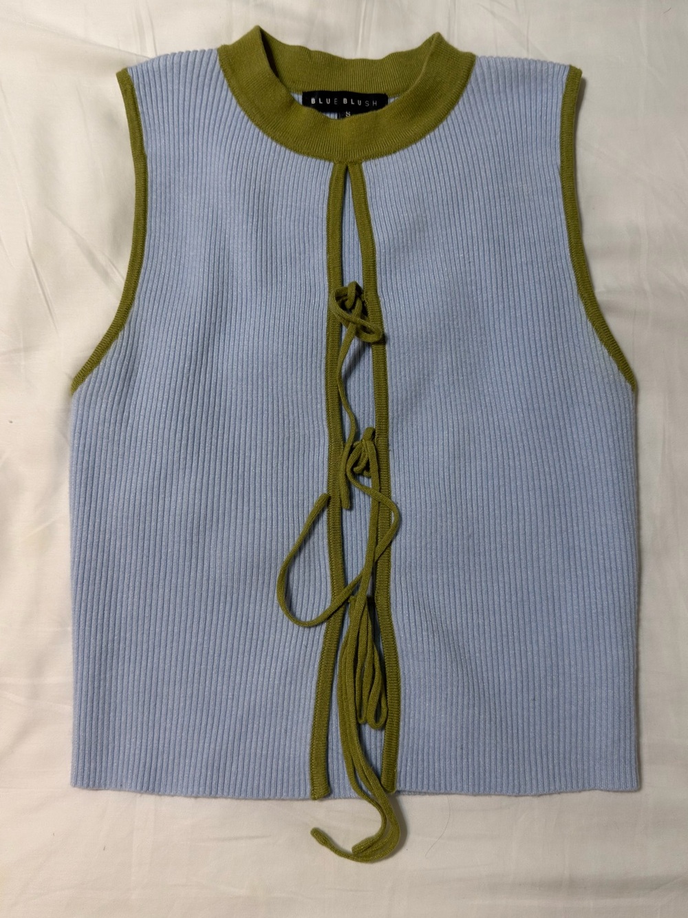 Blue Blush Sleeveless Rib Knit Tank Top in Light Blue w/ Olive Trim Size Small